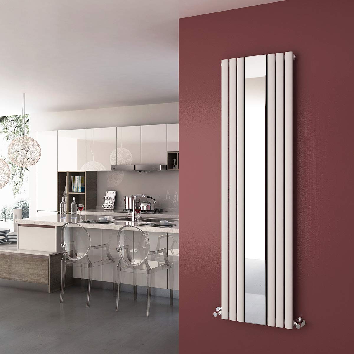 Elegant White 1800 X 499 Mm Vertical Mirror Radiator Designer Oval Column Panel Central Heating Radiators (White)