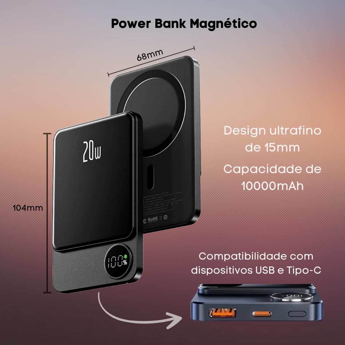 Power Bank 10000mAh Sem Fio por Indução com Display LED Indicador