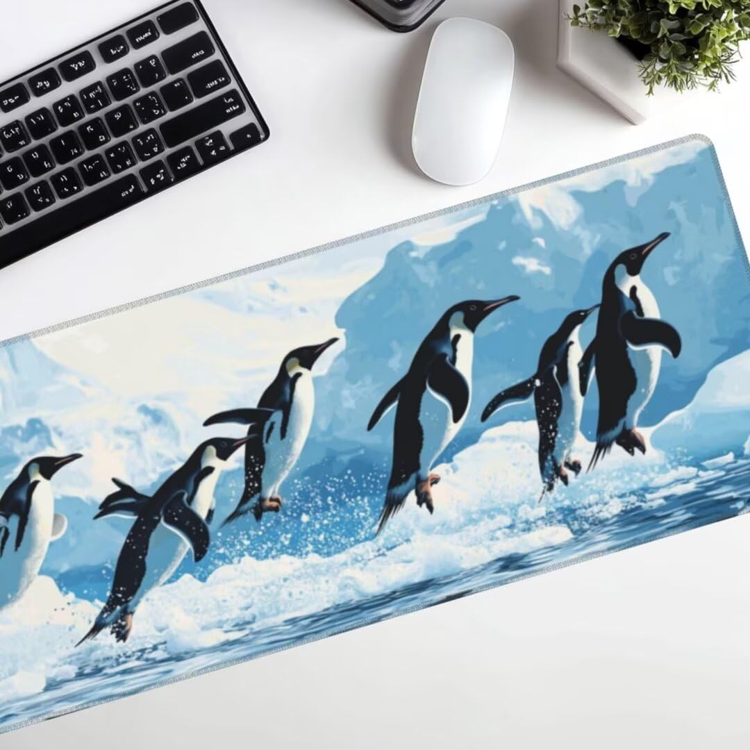 Gaming Mauspad XXL Pinguin Großes Mousepad 1200*600mm Rutschfeste Schreibtischunterlage Landschaft Mouse Pad mit Vernähte Kanten Verbessert Desk Mat Geschwindigkeit und Präzision für Gaming und Büro