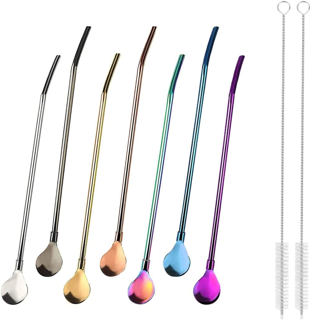 Drinking Straw Spoon,7 pcs Spoon Straws for Slush + 2 pcs Cleaning Brush Stainless Steel Straws with Spoons Reusable Metal Coffee Straws for Smoothies Milkshakes Cocktail