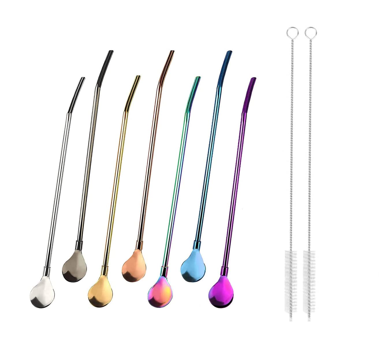 Drinking Straw Spoon,7 pcs Spoon Straws for Slush + 2 pcs Cleaning Brush Stainless Steel Straws with Spoons Reusable Metal Coffee Straws for Smoothies Milkshakes Cocktail