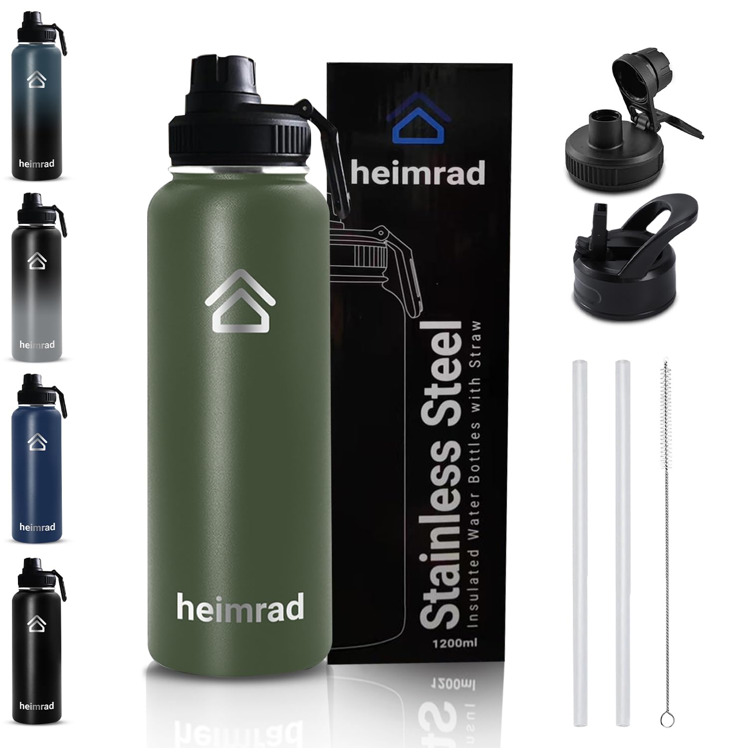 1200ml Stainless Steel Water Bottle with Straw Lid & Spout Lid Double Wall Vacuum Insulated Sports Water Bottle Wide Mouth BPA-Free Leak-Proof Gym Bottle