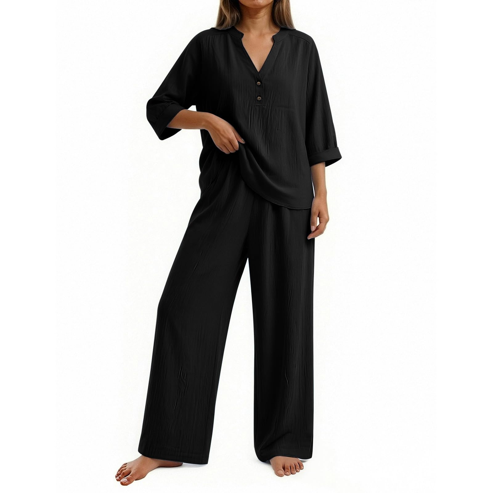 Ybing Leinenanzug Damen Elegant Knöpfe V-Ausschnitt Leinenbluse und Weite Bein Leinenhose Zweiteiliges 2 Teiler Loungewear Lose Leinen Tracksuit Leicht Homewear Set Dünne Sommer Outfit Freizeitanzug