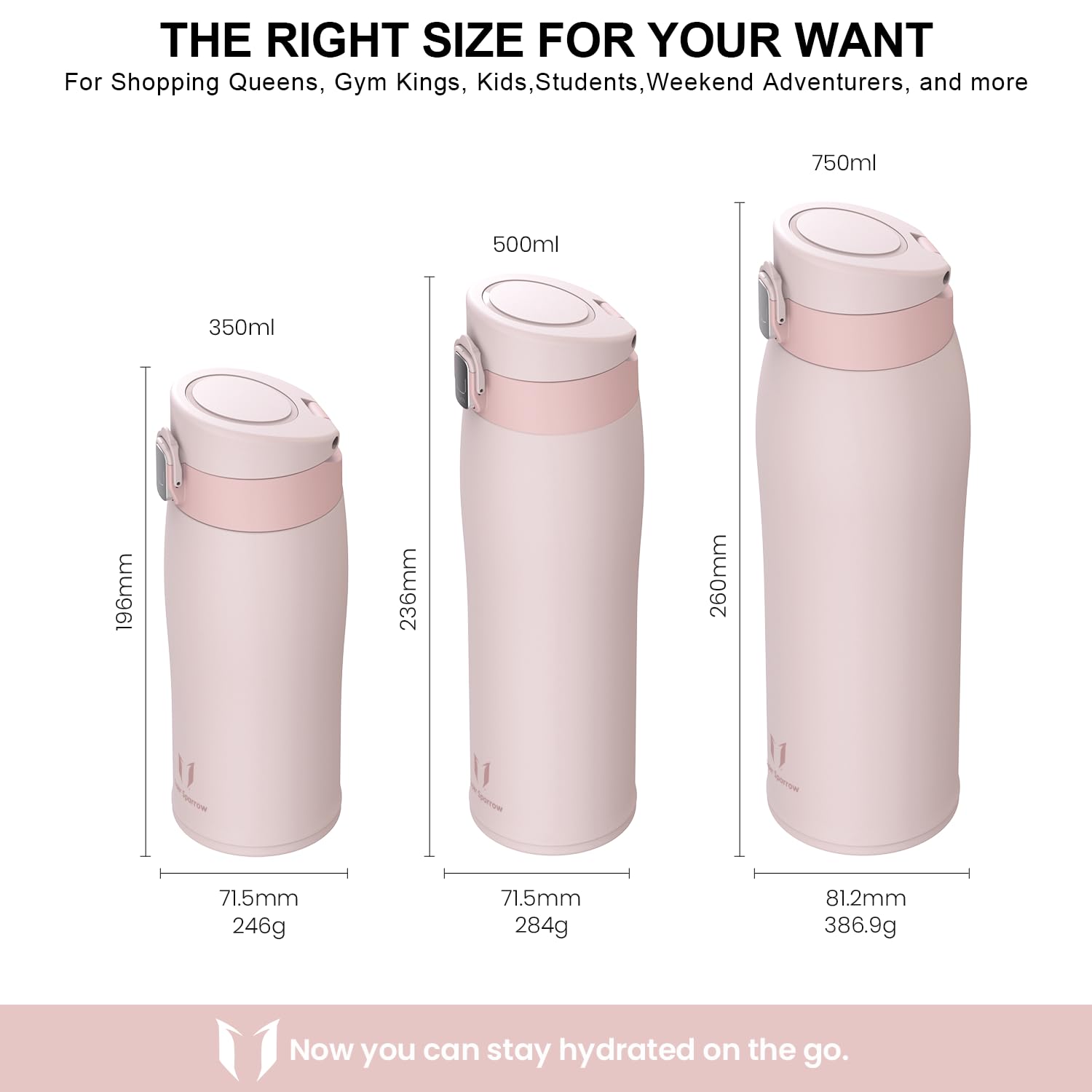 Super Sparrow Borraccia Termica, Acciaio Inox Bottiglia Termica - 350ml, 500ml, 750ml, 950ml - Senza BPA Tazza Termica, Borraccia Termica per Bambini, Scuola, Sportiva, Bici, Campeggio, Palestra