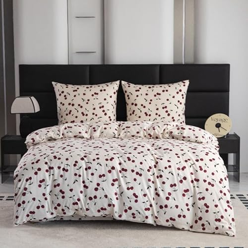 Cotton Market Parure de lit 200x200 cm avec taie d'oreiller – Ensemble 3 pièces – Housse de Couette 200x200 cm et 2 taies d’Oreiller (70x80 cm) - Cerises