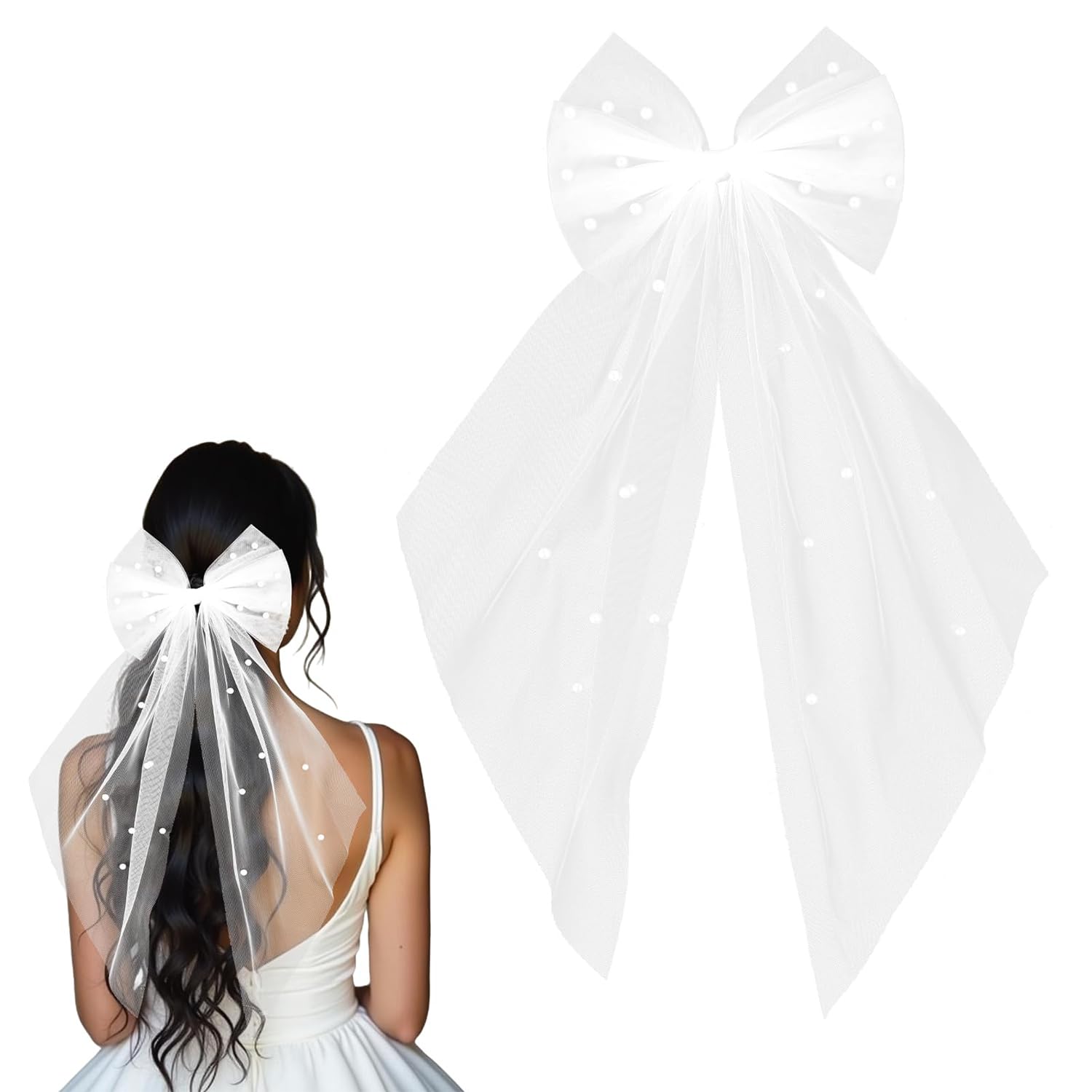 Veil Hen Party,Hen Do Veil,White Pearl Girl Headwear Bachelorette Parties Accessories Bride Wedding & Holy Communion Veils for Bridal,Bridesmaid,Girls Butterfly Short Tulle Hair Bow Clip(40cm-50cm)
