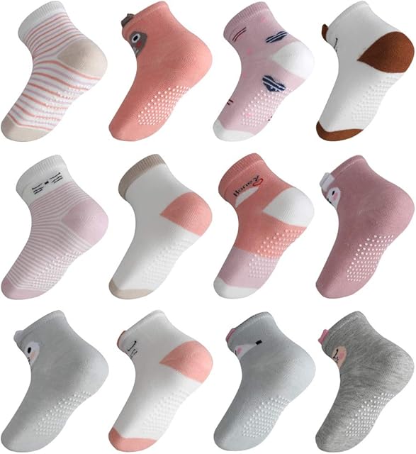 Lictin Baby Socks Non Skid Socks - 12 Pairs Girls Animal 3D Design Assorted Colored Socks, 1-3 Year Pink/White/Grey/Rose Red Socks Infant Toddler Socks