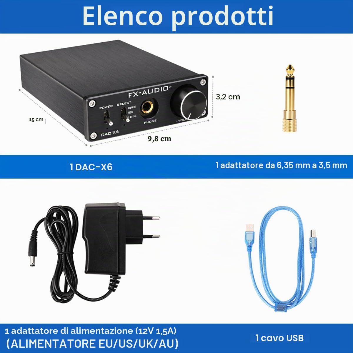 FX-Audio DAC-X6 Mini HiFi 2.0 Decoder audio digitale Ingresso DAC USB/coassiale/uscita ottica RCA/amplificatore per cuffie 24 bit/96 kHz DC12 V (nero)