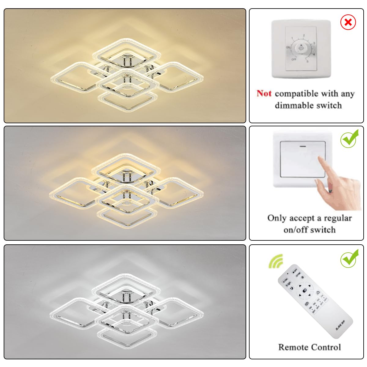 Qcyuui Plafoniera LED Quadrata Lampadari Moderni a Incasso, 100 W Dimmerabile Camera da Letto Lampade da Soffitto Design Nordico per Soggiorno Cucina con Telecomando/Cromo