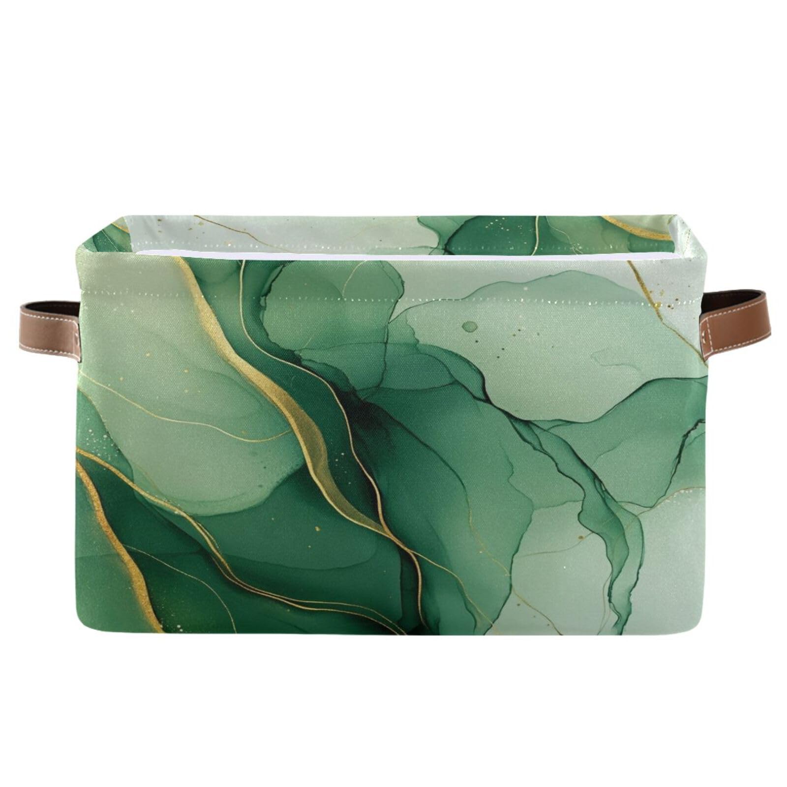Ewusp Green Gold Marble Storage Basket with Handles Collapsible Storage Bin Oragnizer Canvas Fabric Dog Toy Basket Gift Basket for Shelves Closet Bedroom Nursery