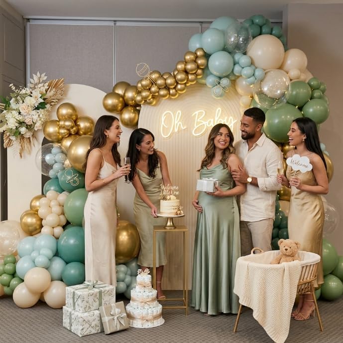 Image of Sage Green and Blue Balloons, 60 PCS 12 Inch Dusty Green Blue Sand | White Gold Balloons for Baby Shower Bridal Shower Wedding Boho Birthday Party Decorations