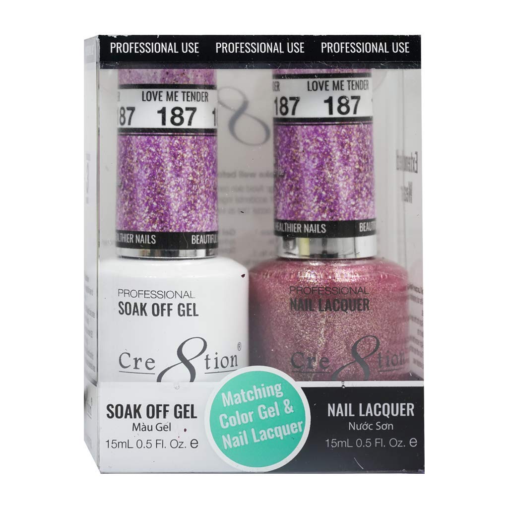 [187 Love Me Tender] Cre8tion [DuoGel] Perfect Matching Color Gel Soak Off & Nail Lacquer Color Combo Bundle 15mL/0.5 fl oz Bundle