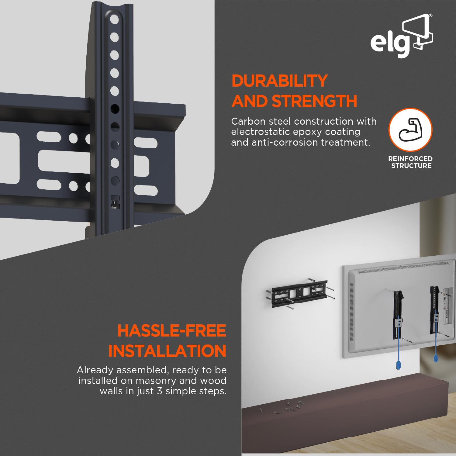 ELG Soporte de pared fijo para TV de perfil bajo para televisores de 32 a 77 pulgadas, soporta hasta 110 libras, VESA máximo 400 x 400 mm, se adapta a pernos de madera de 12 y 16 pulgadas, sistema de