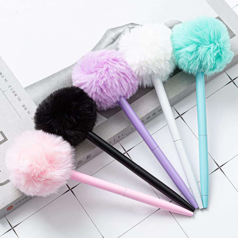 JIHUOO 4 Pcs Pom Pom Ballpoint Pens, Fluffy Ball Cute Plush Pastel Writing Supplies for Women Girls - Image 4