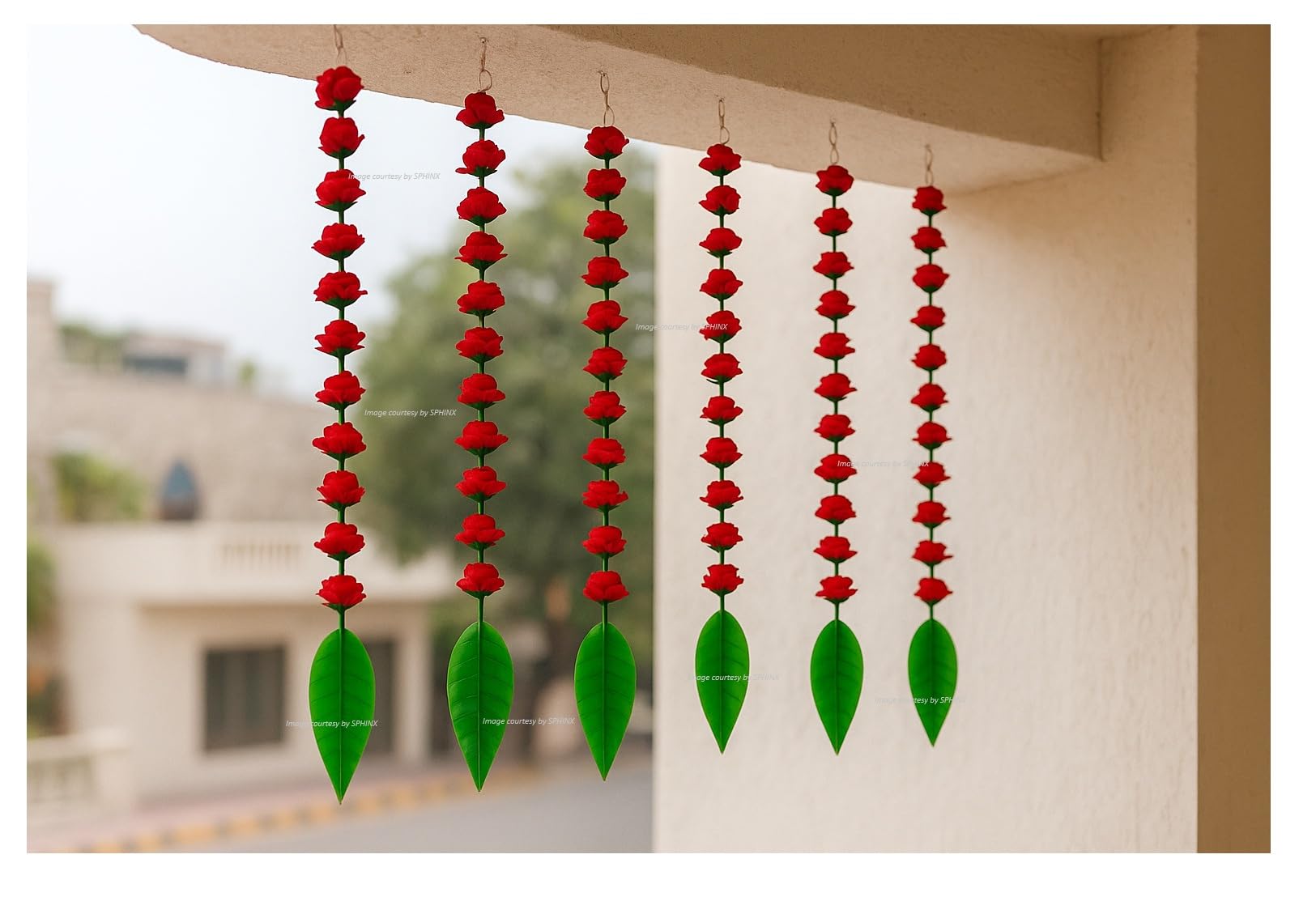 SPHINX Artificial Velvet Rose & Mango Leaf (Aam Patta) Garland 2.5 ft | Diwali, Durga Pooja, Wedding, Housewarming, Mandir & Festive Decoration Flowers- (Red, 12 Pieces)
