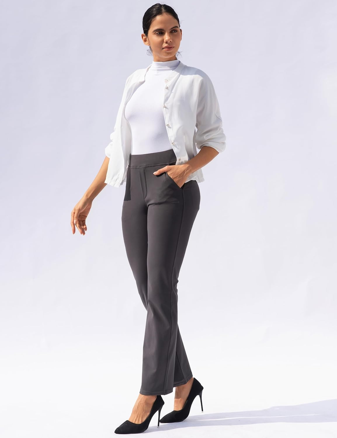 VOOVEEYA Women's Straight Leg Yoga Pants, Stretchy Dress Work Pants with 5 Pockets High Waisted Office Casual Slacks