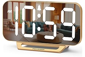 Peakeep Slim Digital Mirror Clock - Elegant Gold Decor for Your Bedroom