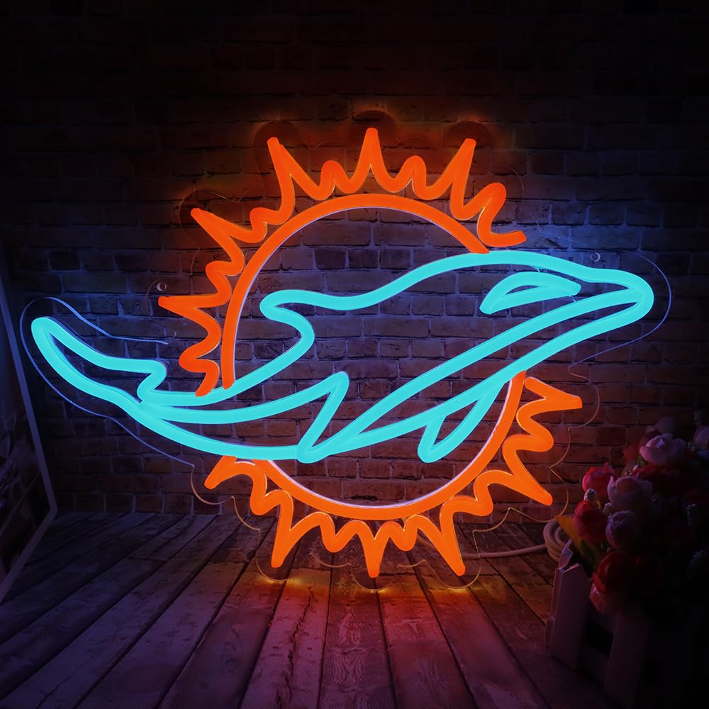 Letrero de neón de equipo deportivo de rugby adecuado para delfines para decoración de pared, alimentado por USB, intensidad regulable, luces LED para dormitorio, hombres, cueva, hogar, bar