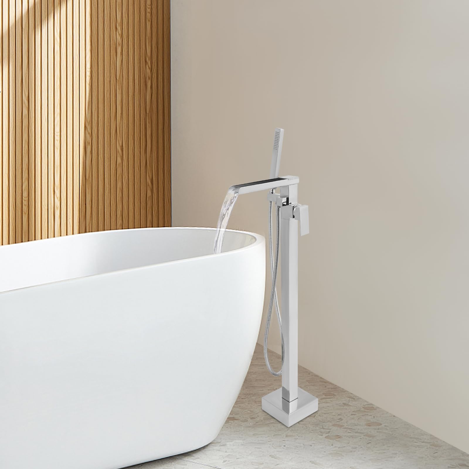 Rubinetto autoportante per vasca da bagno con doccetta girevole a 360°, montaggio a pavimento, vasca indipendente, classico, set di rubinetti per vasca da bagno (argento)