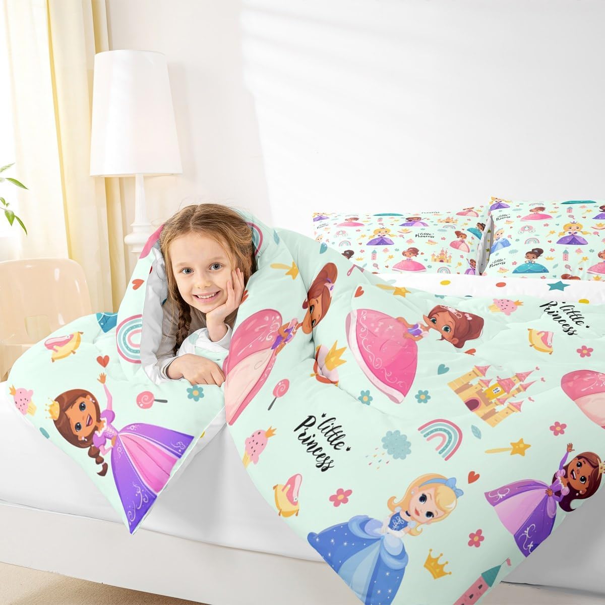 Erosebridal Cute Girly Princess Queen Comforter Set, Magical Kids Castle Soft Bed Set for Bedroom, Kawaii Princess Breathable Quilt Set for Kids Girls, Cartoon Rainbow Down Comforter