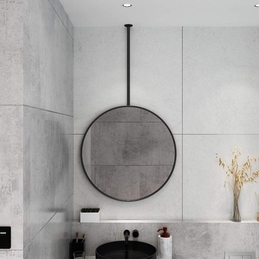 Miroir suspendu au plafond noir avec perche réglable cadre rond en métal de grand diamètre