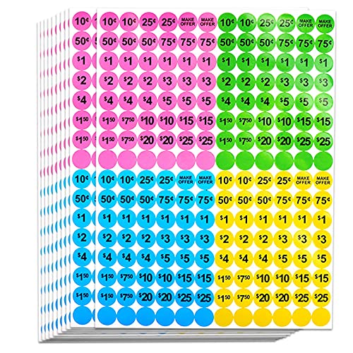 Dreecy 1920 PCS Yard Sale Price Stickers Garage Sale Pre-Priced Pricing Labels 3/4" Diameter Flea Market Pre-Printed Pricing Stickers for Retail,Bright Neon Multicolored (Pink/Green/Blue/Yellow)