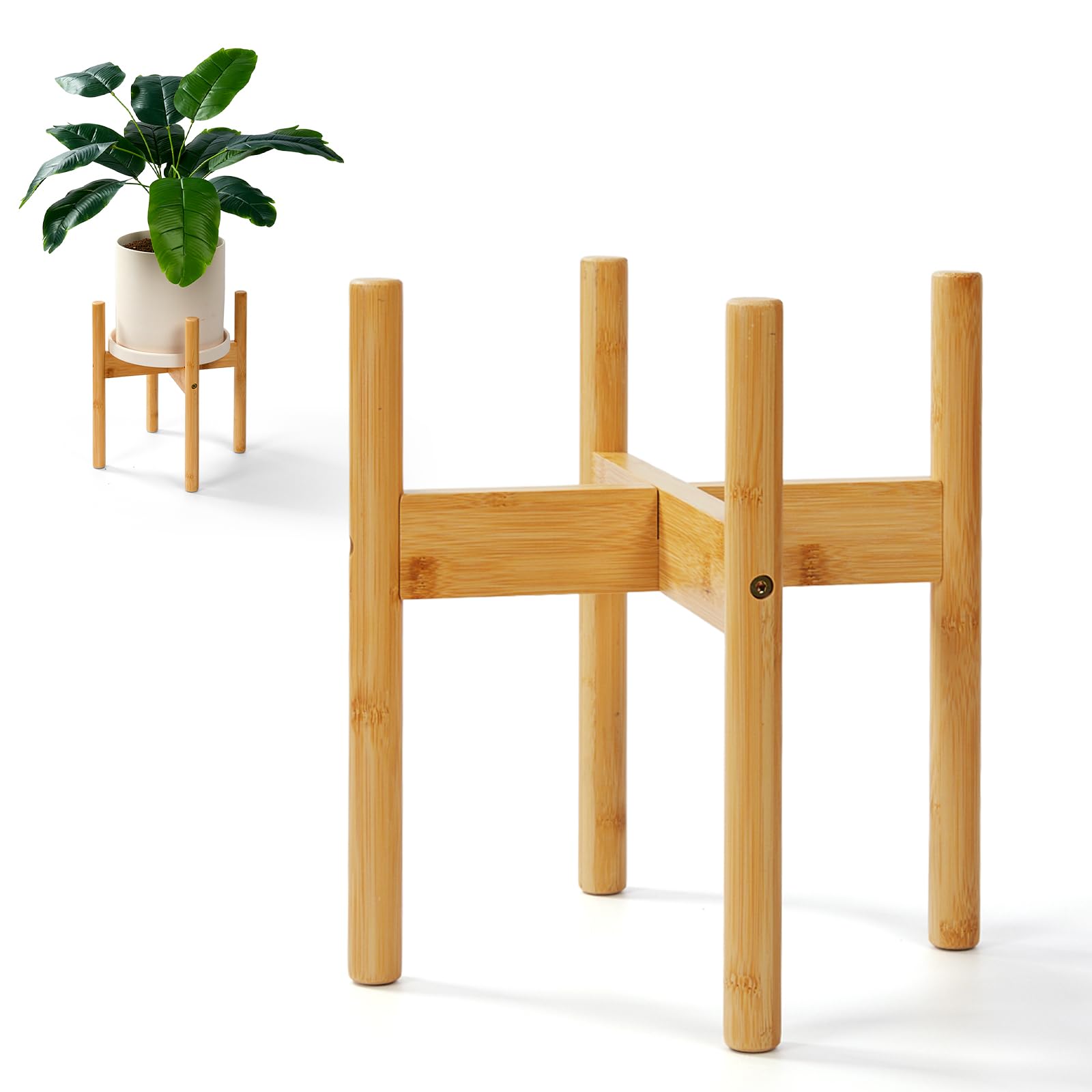 Condition photo showing New/Like New for bamboo plant stand - adjustable mid century indoor plant holder for pots 8-10 inch | modern wooden flower stand for home & living room decor