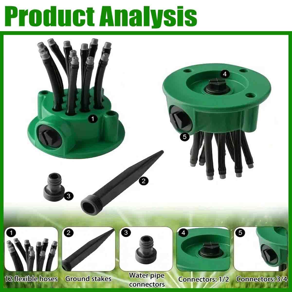 Irrigatore da giardino di precisione con copertura a 360°,Irrigazione da giardino con 12 ugelli flessibili regolabile,Irrigatori Prato multidirezionale per cortile,erba,patio,giardino(4pz)