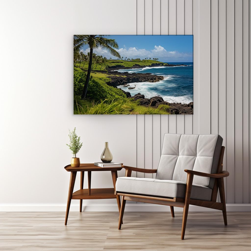 Canvas for Living room. Tropical Serenity: Where Verdant Grasslands Kiss the Azure Ocean, 27 x 18 inch Canvas Wall Art - Contemporary Masterpieces - Botanical Home Decor - 69x46 cm (27x18 inch)