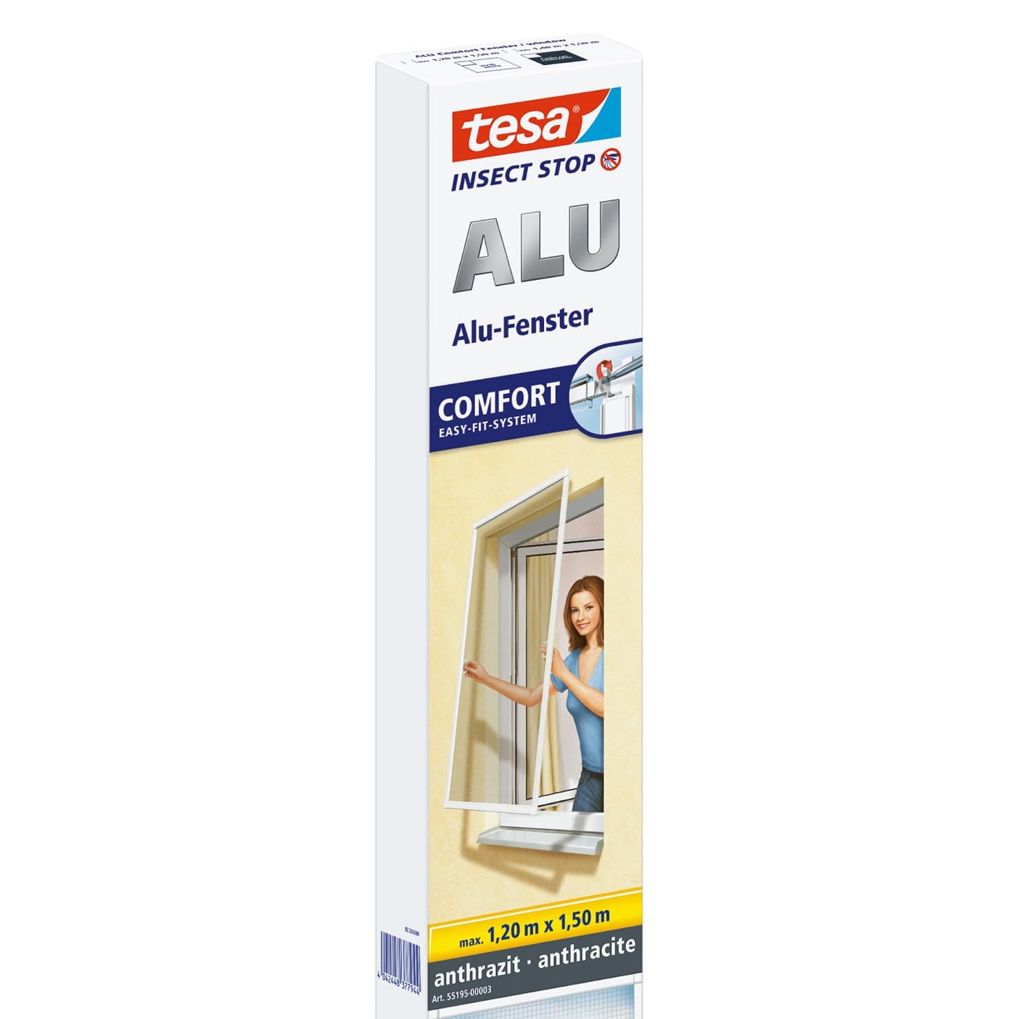tesa® Insect Stop ALU COMFORT Fly Screen for Windows - Insect Screen With Aluminium Frame - Fly Net Without Drilling - Anthracite, 120 cm x 150 cm