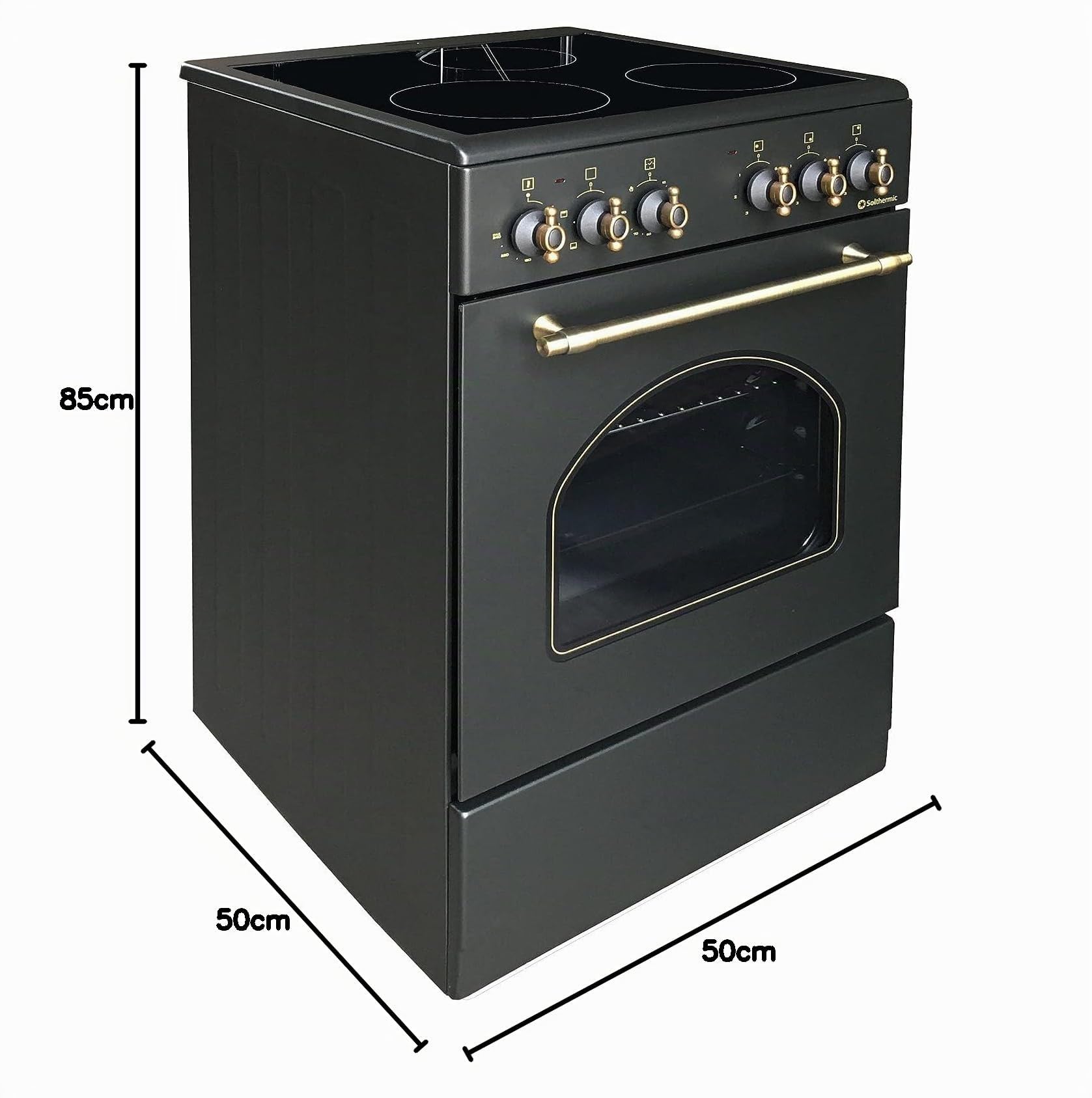 SOLTHERMIC COMBO PACK NEGRO RÚSTICO COCINA VTC con HORNO 50L 50X50 + CAMPANA DE 60 H60PR (3 fuegos, gran potencia de extración)