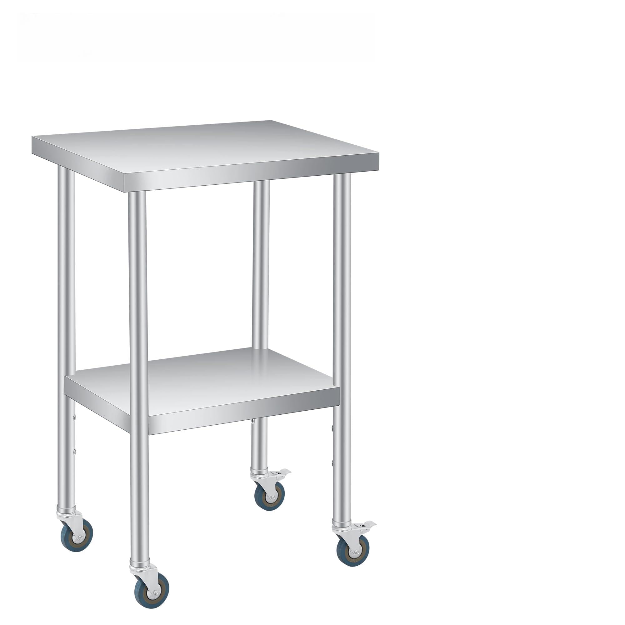 Table inox, Plan de travail avec étagère réglable 14*24*35inch | Acier inoxydable 201 brossé anti-corrosion, étagère réglable, capacité 300 kg. Idéal pour restaurant, food truck, cuisine