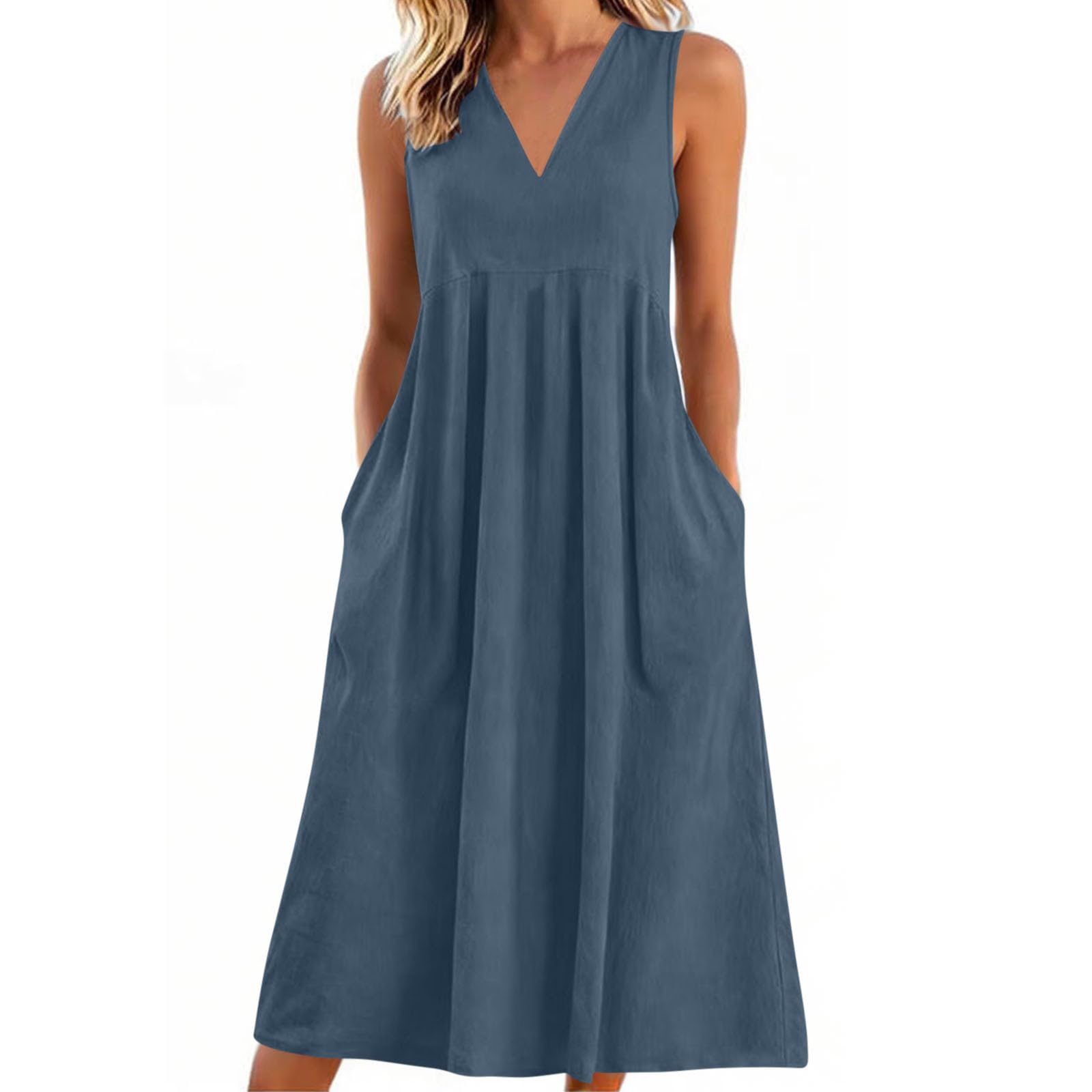 Vestidos Verano Mujer 2026,Cuello V Algodón y Lino Vestido Mujer Verano Casual Sueltos Color Sólido Vestidos Largo Cintura Alta con Bolsillos Cómodo y Transpirable Maxi Vestidos Playeros