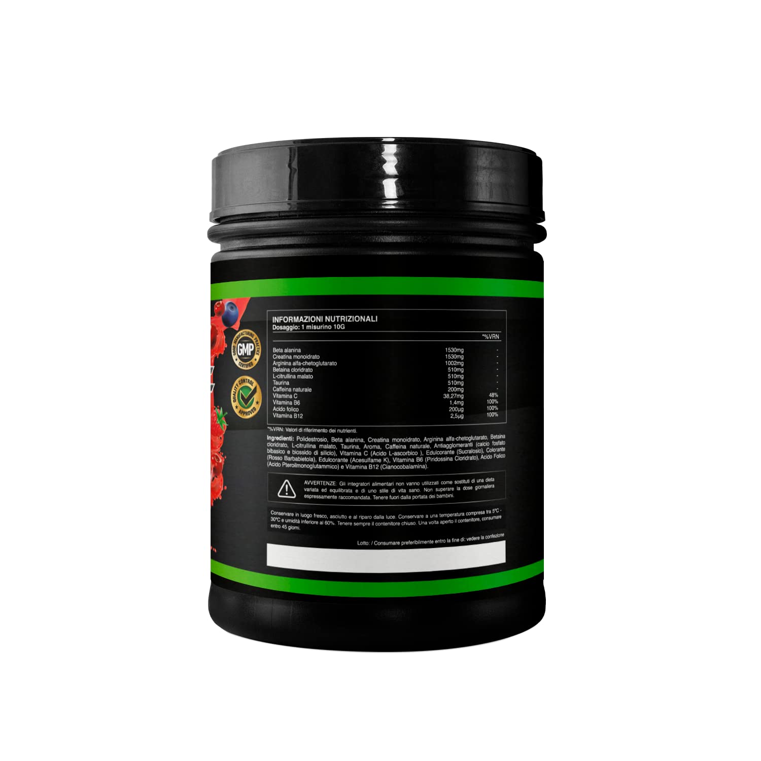 Pre-Workout con Creatina + Arginina + Beta-Alanina + Taurina + Caffeina + Vitamine C, B6, B12 + Citrullina + Betaina | Migliora la congestione muscolare | 30 porzioni