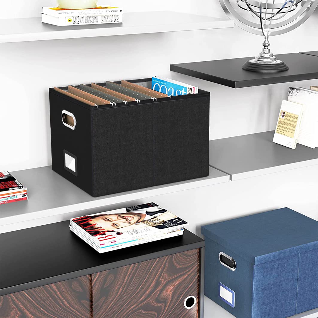 FGBK-S-2PCS-DE - 2 scatole portaoggetti con coperchio, in fibra e carta in elegante effetto lino, colore: Nero