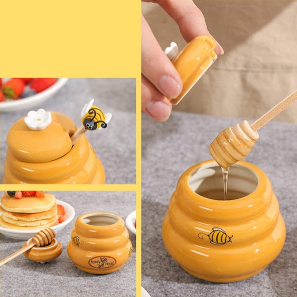 Hopbucan Ceramic Beehive Honey Pot and Wooden Dipper Honey Jar with Lid Honey Stir Bar for Honey Jar Supplies Kitchen Accessories - Image 3