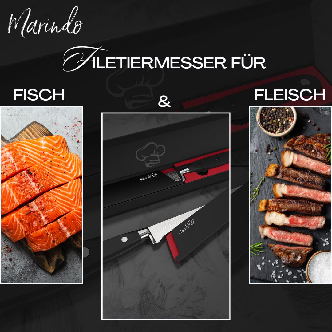 Marindo Set di coltelli professionali per sfilettare con fodero, lunghezza lama 18,5 cm, per pesce e carne, coltello da sfilettatura in acciaio inox con manico robusto, coltello da pesca antiruggine