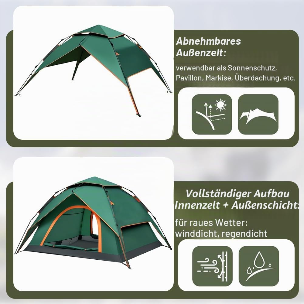 Zelt 2-4 Personen Campingzelt Pop Up - 40s Automatik Schnellaufbau 2/3 Mann Zelte Wasserdicht 3500mm & Winddicht, Doppelwand Kuppelzelt mit Regenschutz, Wurfzelt Zelt für Camping, Trekking & Wandern