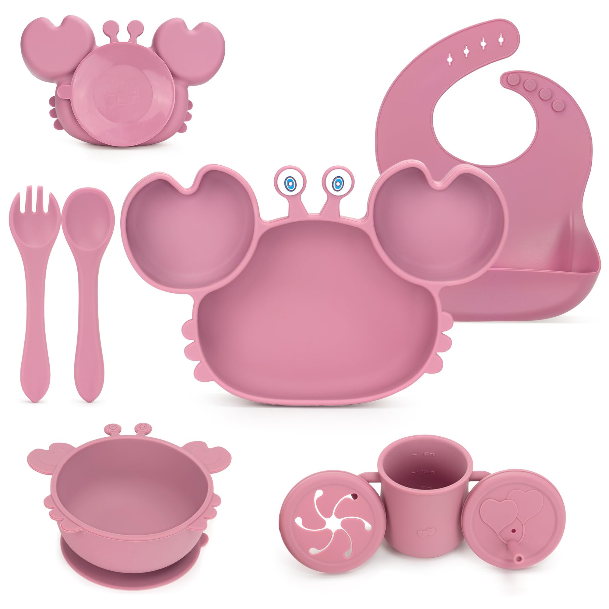 Assiettes Silicone Bébé Avec Ventouse - 2 Assiettes Compartimentées + 4 Ustensiles - Sans BPA, Lave-vaisselle