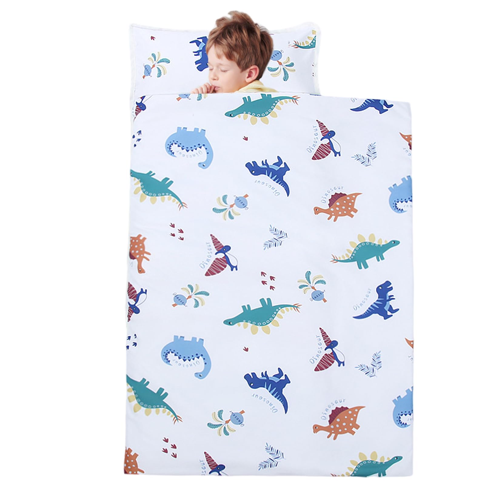 Schlafmatten für Vorschule, Kleinkinder, Schlafmatte mit Kissen und Decke, 124 x 50 cm, Anti-Kick, Kleinkind-Schlafsack mit Griff, Dinosaurier-Druck, aufrollbare Matten für Vorschule