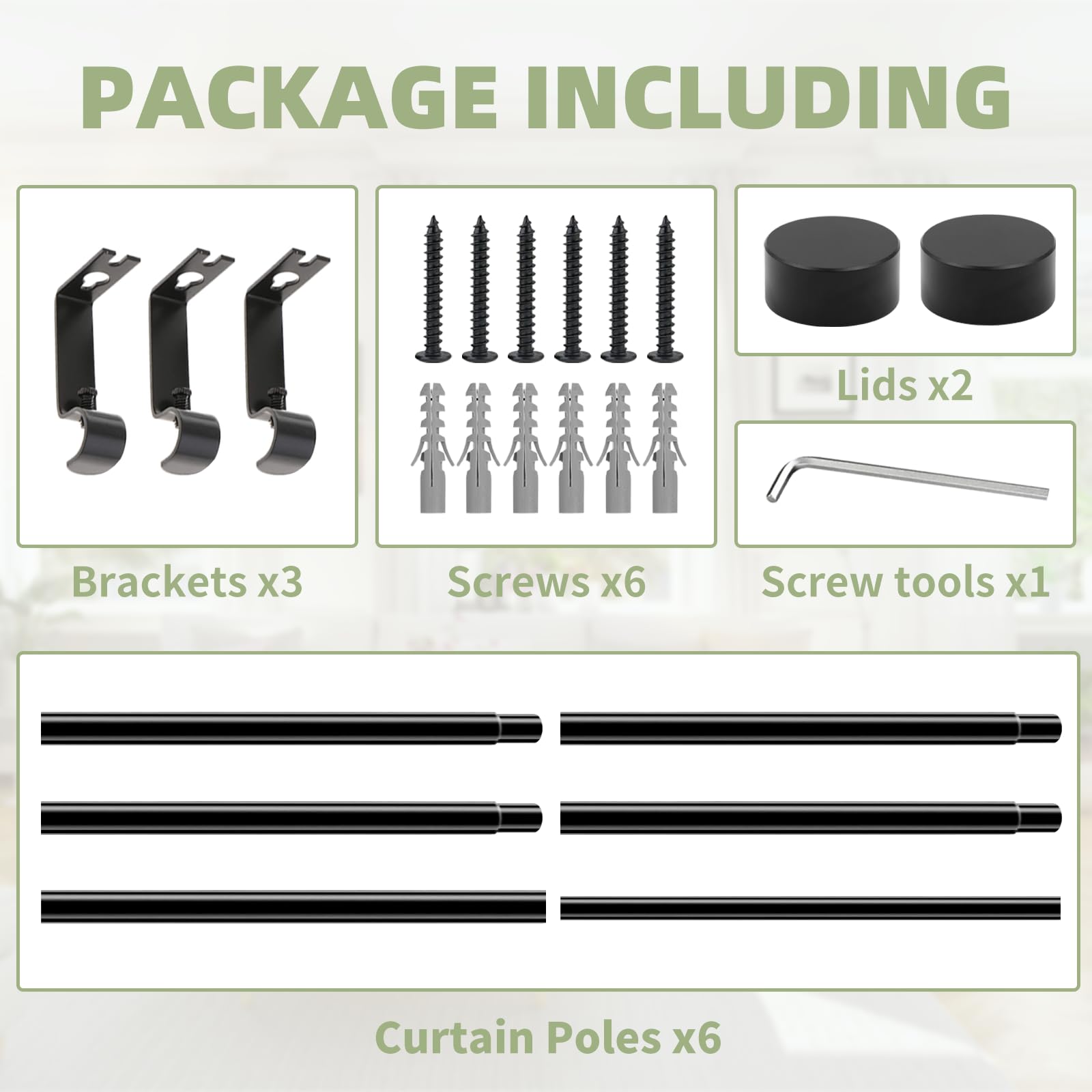 WISYOK Curtain Poles 45 to 224cm, Adjustable Black Curtain Rods with Brackets Fitting Set - Image 2