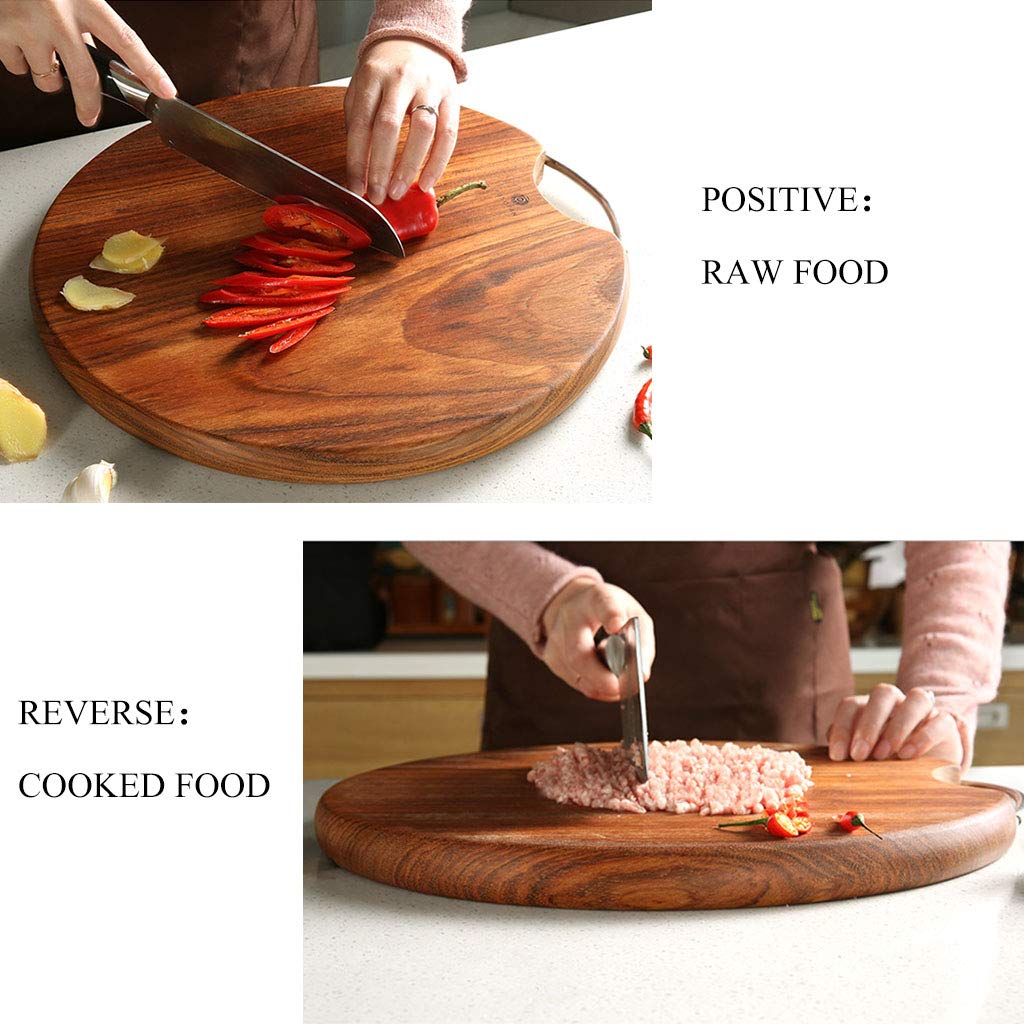 GLJTUO Planche à découper ronde réversible en bois massif avec poignée en acier inoxydable, parfaite pour la préparation et le service des aliments
