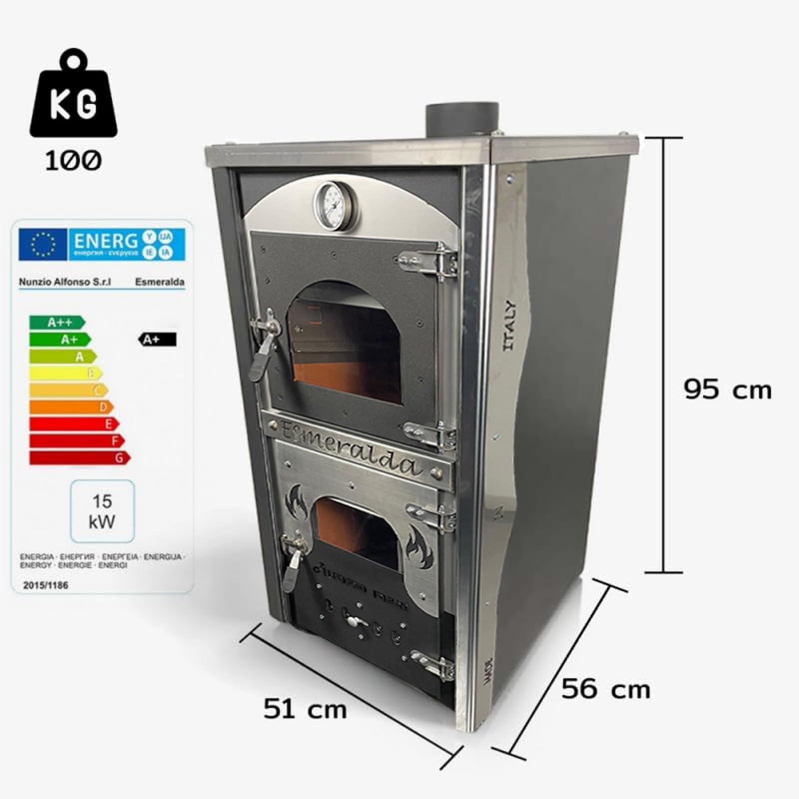 Alfonso Forni Stufa A Legna Con Forno-Esmeralda-Potenza Riscaldamento 15Kw,A Legna Economica In Acciaio Verniciato Antracite,Da Interno Con Forno In Mattoni Refrattari,Ideale Per Cucina,Made In Italy