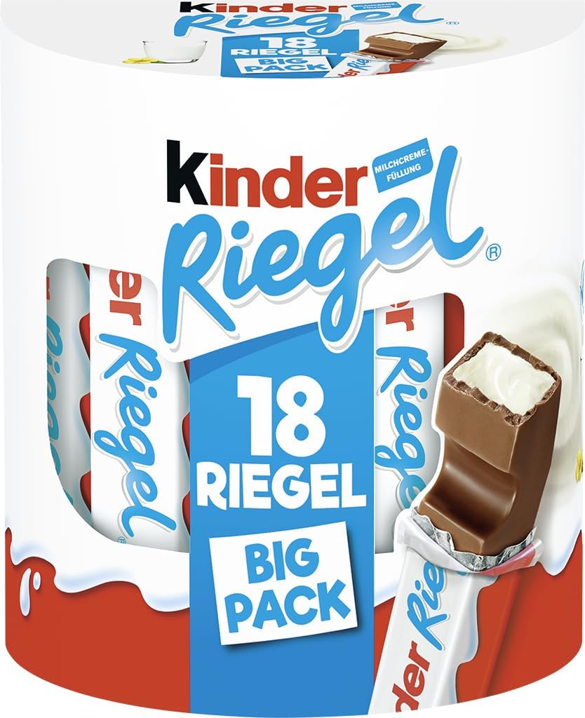 Kinder Riegel - 18 Einzelriegel, einzeln verpackte Schokoriegel, zartschmelzende Vollmilchschokolade mit Milchcremefüllung, ohne Farb- und Konservierungsstoffe – 378g