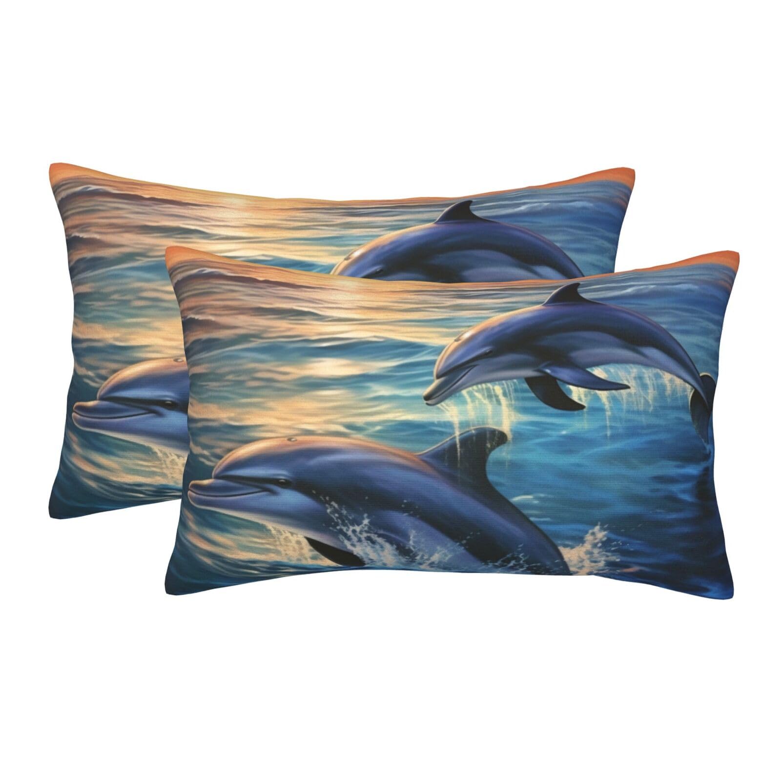 2 Pack Pillow Cases with Hidden Zipper, Soft Breathable Pillow Covers for Hair and Skin, Dolphins in The sea Pillowcases 16"x24" Bed Pillow Protectors Cover for Sleeping Gifts
