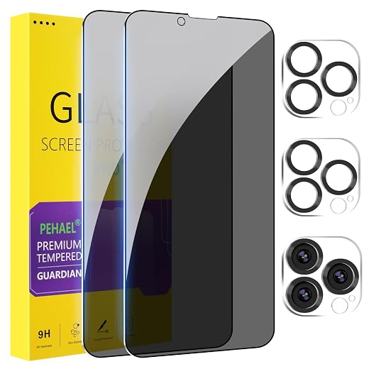 Pehael [2+2 Pack] iPhone 13 Pro Max Privacy Screen Protector with Camera Lens Protector Full Coverage Anti-Spy Tempered Glass Film 9H Hardness Upgrade Edge Protection Easy Installation Bubble Free