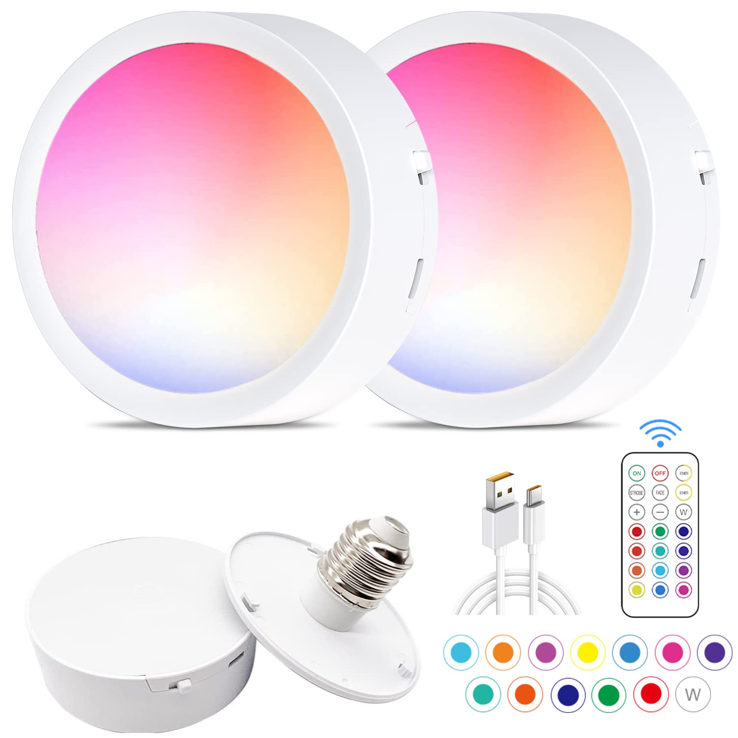 2 Pack LED Puck Light,USB Rechargeable E26/E27 Light Bulbs,13 Colors RGB 2 Dynamic Mode Battery Powered LED Tap Magnetic Push lights Bulb with Remote Control,Wireless Dimmable for Wall Sconces Lamp