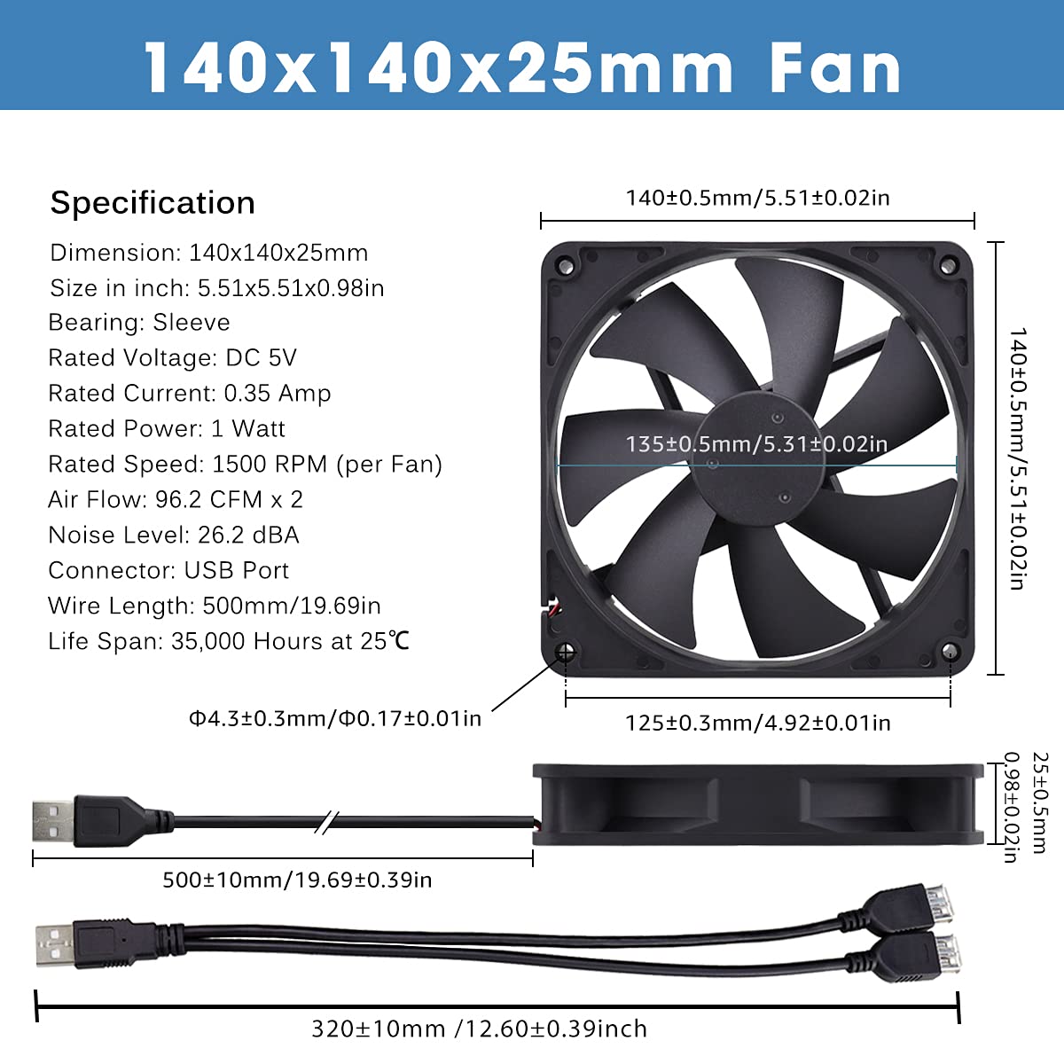 GDSTIME Ventilatore USB da 140 mm per computer da 140 mm x 25 mm ventola per PC doppia ventola da 14 cm 2 in 1 ventola di raffreddamento da 1500 giri/min per Xbox PS4 TV Box amplificatore router