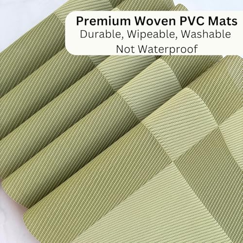 Image of Livmodern Premium Dining Table Mats Set of 6 | Wipeable & Washable PVC Placemats | Anti Skid and Heat Resistant Designer Mats 6 Pieces - Olive Grid