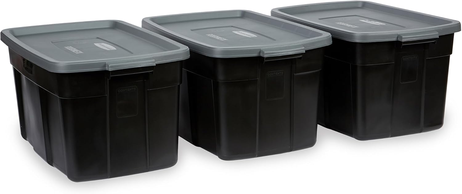 Rubbermaid Roughneck Tote 31 Gal, 3 Pack, Made in USA, Black & Gray, Rugged Plastic Stackable Storage Bins with Lids and Handles 31 Gal - 3 Pack